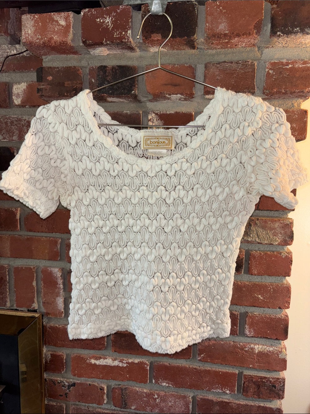 Vintage Y2K Bonjour White Textured Crop Knit Top Size Small